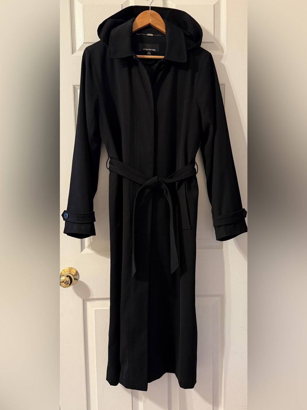 JONES NEW YORK Black Hooded Full Length 2-in-1 Trench Coat Belted w/Liner Size 8